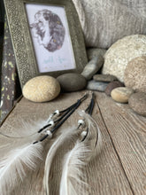 Load image into Gallery viewer, Earrings - Slate Grey Leather,  Light Sussex Rooster Feathers &amp; Beads
