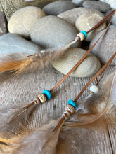 Load image into Gallery viewer, Earrings - Tan Leather, Heritage Chicken Feathers &amp; Natural Beads
